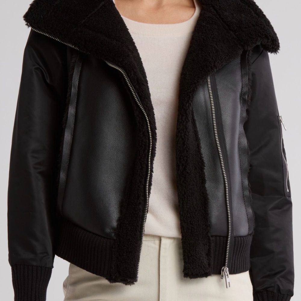 Jason Wu Black Vegan Leather Shearling Bomber Jacket NWT
